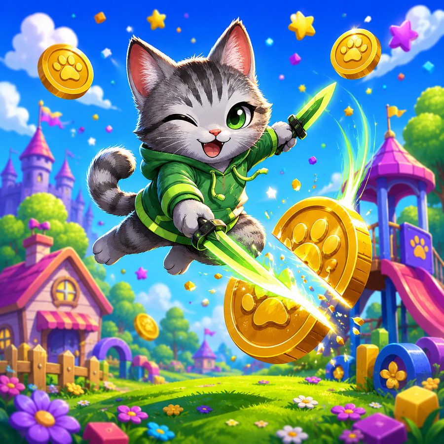 Waffles slicing a gold paw coin mid-air with dual blades